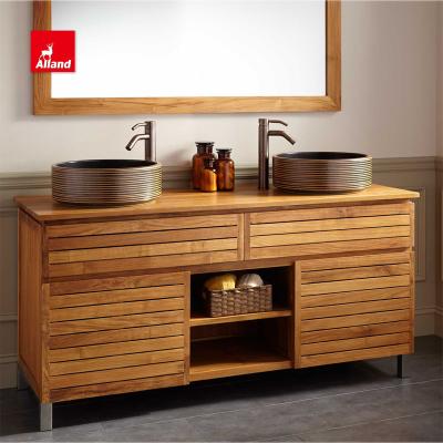 China Allandcabinet Traditional Natural Stained Solid Wood Bathroom Vanity Cottage Design Vessel Sink Double Make Up Vanity With Drawer for sale