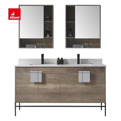 China Allandcabinet Factory Price Modern Design Bathroom Vanity Brown Grain Wood Wash Room Cabinet With Open Unit for sale