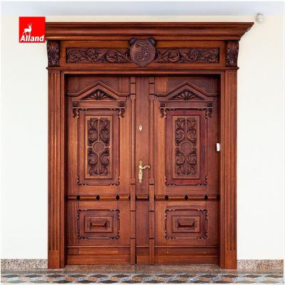 China Traditional Carved Front Exterior Design Double Head Cherry Front Wooden Door for sale