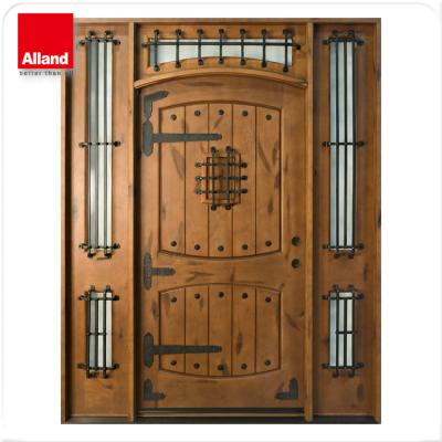 China Rustic Bespoke Rustic Spanish Luxury Exterior Villa Entrance Wooden Style Swing Door With 2 Sidelights for sale