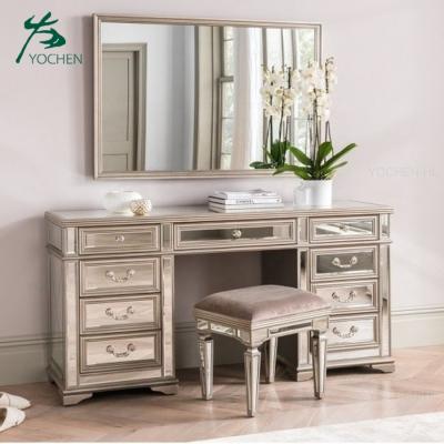 China Handmade Large Vanity Makeup Table Antique Gold Wooden Mirrored Dressing Table With Mirror And Stool for sale