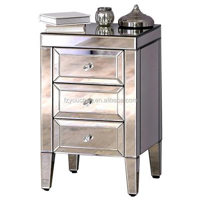 China Venetian Mirrored Clear Glass Mirrored Storage Furniture 3 Drawer Bedside Table for sale