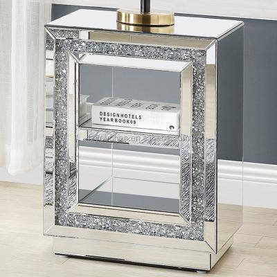 China Decorative mirrored nightstands crushed diamond mirrored bedside table for sale