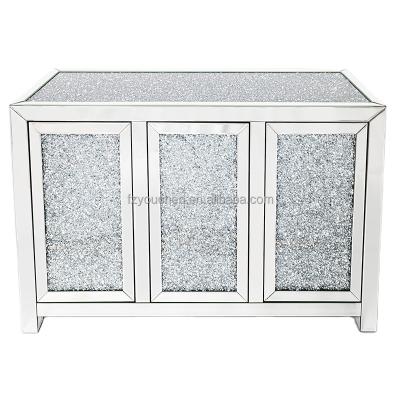 China Storage Luxury Crushed Crystal Diamond Mirrored 3 Door Sideboard for sale