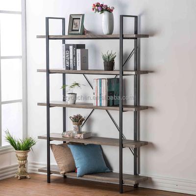 China Multi-Function Bookshelf Bookcase 5-Shelf Vintage Wooden Industrial Metal Shelf for sale