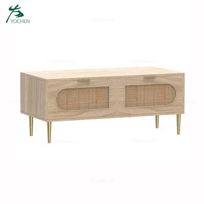 China Living room unmounted home table decorative rattan coffee table wooden center tea table with rattan decor for sale