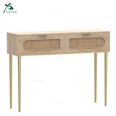 China Unassembled luxury gold console table with wooden drawer rattan walnut effect console hallway table for sale