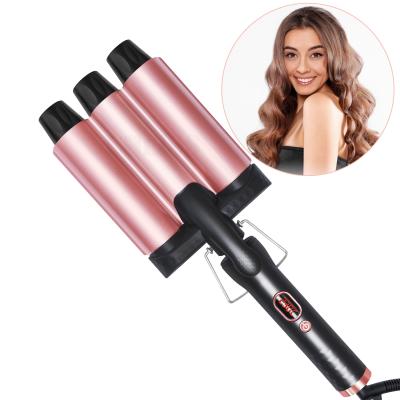 China LED Digital Display Home Use Triple Barrel Ceramic Hair Curler With LCD Show Professional Hairdressing Curling Iron Big Wave Hair Curling Tool for sale