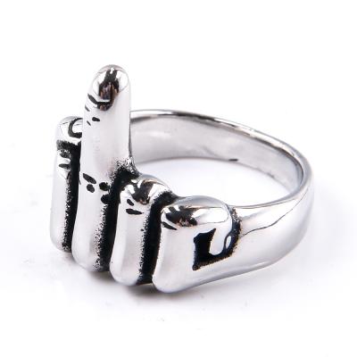 China Fashion Middle Finger Men's Hiphop High Level 316L Stainless Steel Retro Personality Ring Vertical Wholesale for sale