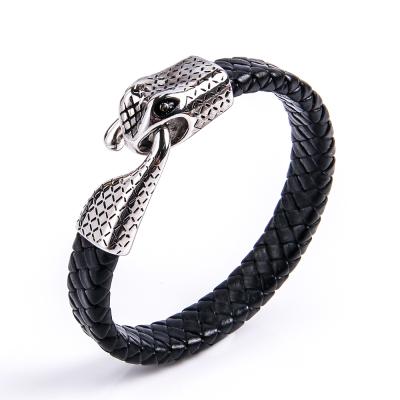 China European and American snake buckle stainless steel personality trend punk leather braided bracelet for sale