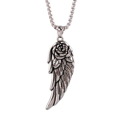 China New Flower Wing Pendant Simple Stainless Steel Wing Pendant Punk Necklace Vintage Rose for sale