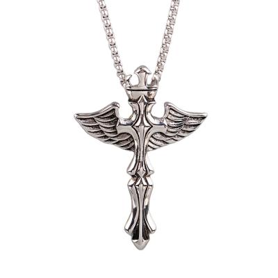 China European and American style new fashionable retro wings cross stainless steel men's necklace punk pendant for sale