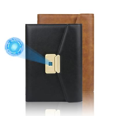 China Custom Leather Fingerprint Lock Planner A5 Diary Notebook Leather Notebook with Powerbank for sale