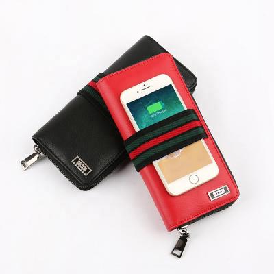 China With powerbank man woman RFID card leather wallet with power bank wireless charger for sale