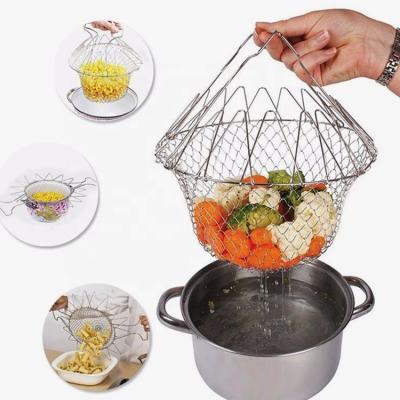 China Viable Kitchen Cooking Stainless Steel Fries Basket For Frying Fruit Basket Foldable Cook Chef Basket Strainer Boiling Packaging for sale