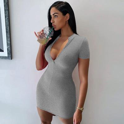 China KD Fashion Style Solid Color Short Sleeve Bodycon Dress Zipper Anti-Static Summer Dresses Casual Women for sale