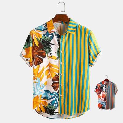 China Fashion Mens Hawaiian Shirt Anti-pilling Short Sleeve Streetwear Print Beach Striped Blouse Summer Patchwork Hawaii Chic Shirt for sale