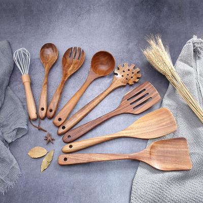 China Hot Selling Sustainable Acacia Spatula 9pcs Wooden Utensil Set Cooking Nonstick Pot Spoon Household Wooden Kitchen Supplies for sale