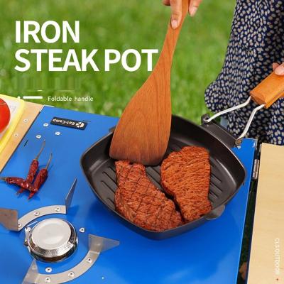 China Anti-scalding Frying Folding Steak Wooden Mouth Pan Cast Iron Non Stick Sustainable BBQ Outdoor Picnic Double Handle Deep Saucepan for sale