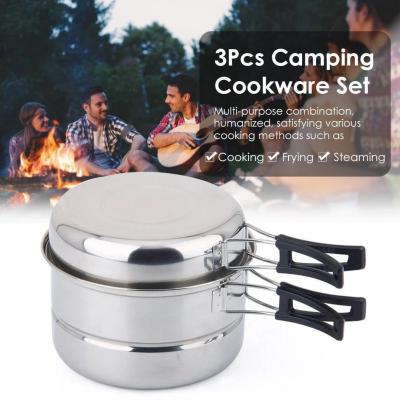 China Sustainable Camping 3Pcs Cookware Set Stainless Steel Portable Cooking Pot And Pan Set Outdoor Cooking Tools Set For Picnic Camping Hiking for sale