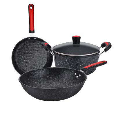 China Hot Selling Sustainable 3pcs Household Cookware Medical Stone Sets Nonstick Saute Pan Frying Pan Soup Pot With Glass Lids for sale