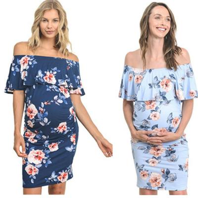 China 2021 summer European and American women's new thin elastic one-line collar printing antibacterial maternity dress for sale