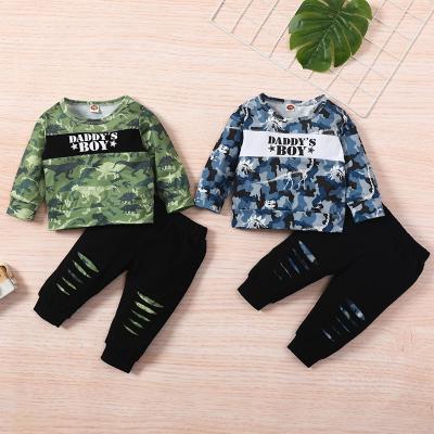 China Autumn Boys Clothes Casual Sweater Ripped Pants Long Sleeve Boys Dinosaur Letter Stitching Set for sale