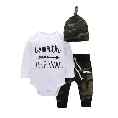 China Boys and girls casual spring and autumn children's clothing baby romper + camouflage long sleeve pants + hat three-piece suit for sale