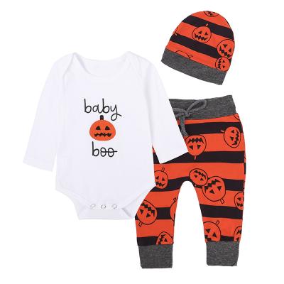 China Fashionable Children's Clothing INS Autumn Children Breathable Halloween Pumpkin Set Infant Three Piece Set for sale