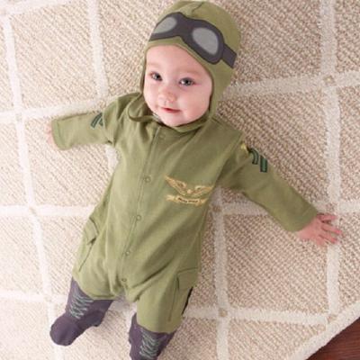 China Polyester/Cotton Boys Air Pilot Long Sleeve One-Piece With Hat Army Green Baby Pilot Romper Kids for sale