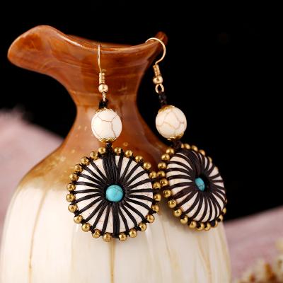 China ES003-63 Boho Style Round Cake Individual Braided Earrings Vintage Natural Turquoise Hand Braided Earrings for sale