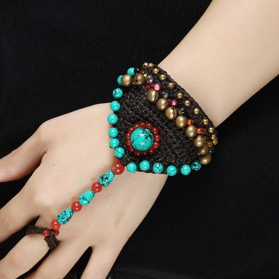 China Thai female handmade knitted ethnic wax thread turquoise bell bracelet retro creative personality finger bracelet SL090 for sale