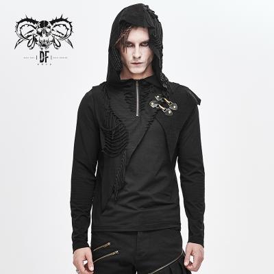 China TT140 Autumn Breathable Punk Black Asymmetrical Broken Holes Worn Zipper Up Neckline Hooded Tops With Buckles for sale