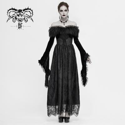 China Breathable SKT120 Gothic Noble Queen Black Fur Off Shoulder Flared Sleeves Lace Up Long Pleated Formal Black Wedding Dresses for sale