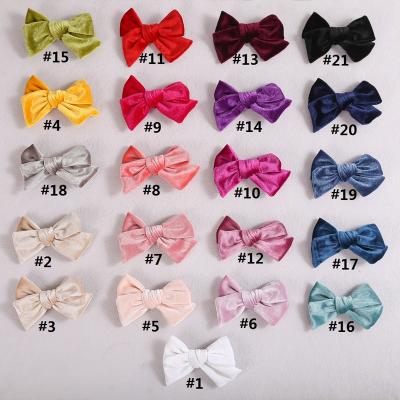 China New Fashion Soft 4 Inch Velvet Hair Bows With Headband Baby Velvet Nylon Hair Clips, Velvet Hand Tied Nylon Bow Turban For Girls for sale