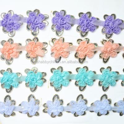 China Chiffon rose tie leaf flower for Christmas ornament, shabby sequin applique hair flower flower trim for sale