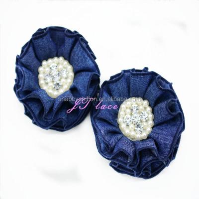 China Jeans fabric charm sequin beaded flower - center rhinestone denim flower with beads - bead lace chiffon flower for sale