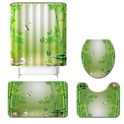 China DB Sustainable Sublimation Pattern Bathroom Bamboo Toilet Set With Shower Curtain for sale