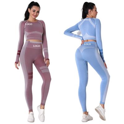 China Breathable Seamless Knitted Tight Sports Running Fitness Yoga Wear Breathable Long Sleeve Yoga Set for sale