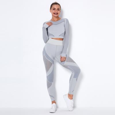 China Breathable Custom Sports Long Sleeve Crop Set Casual Gym Workout Top Fall Yoga Fitness Set For Women for sale