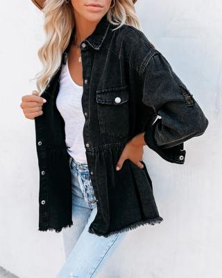 China Anti-wrinkle 2022 new design fringed lattice spring bottom black denim jacket jeans peplum ladies jacket jacket for sale