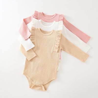 China Cotton infant and toddler knit rompers girls with headband romper for baby cotton color baby ruffle pink white beige jumpsuit for sale