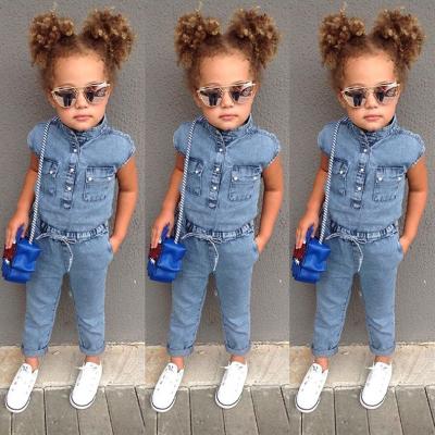 China Breathable hot sale girls jeans short sleeve European and American style girl one-piece overalls for sale