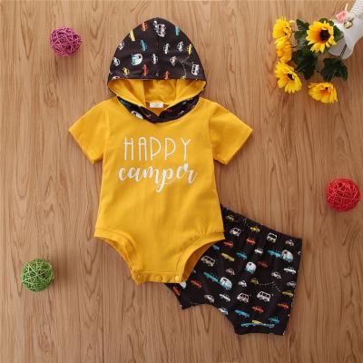 China 2022 Summer Baby Boy Rompers Cotton Hooded Jumpsuit Car Copy Cotton Shorts Short Sleeve Baby Jumpsuit Set for sale