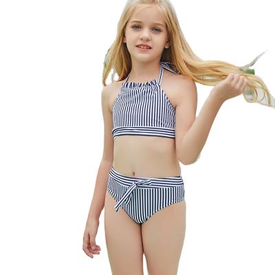 China 2022 Girls Elastic Swimwear Breathable Black And White Stripes Halter Top Bikinis Set 12 Years Girl Bikini Two Piece Set for sale