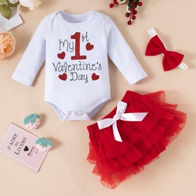 China Hot Sale Girl's Anti-Shrink Rompers Set Cotton Baby Clothes Valentine's Day Print Long Sleeves Skirts for sale