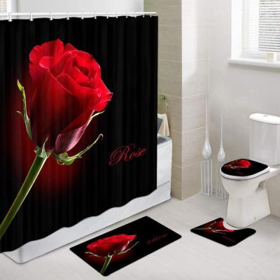 China Viable 4 Pcs Valentines Shower Curtain Sets With Romantic Red Rose Shower Curtain 3D Covers for sale