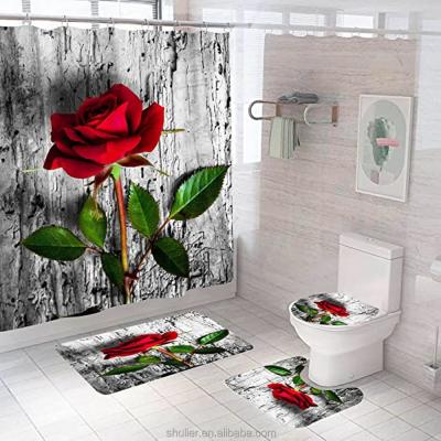 China Sustainable Roses Shower Curtain Sets Custom Digital Printed Polyester Flower Bathroom Set Shower Curtain for sale