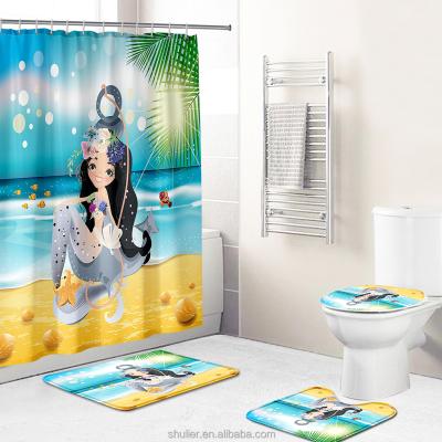 China Sustainable Princess Custom Design 3D Mermaid Bathroom Shower Curtain Sets With Covers Shower Curtain Set for sale