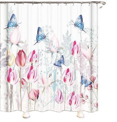 China Custom Viable Printing Rose Floral Shower Curtain Butterfly Flower Shower Curtain Decorative Bath Curtain for sale